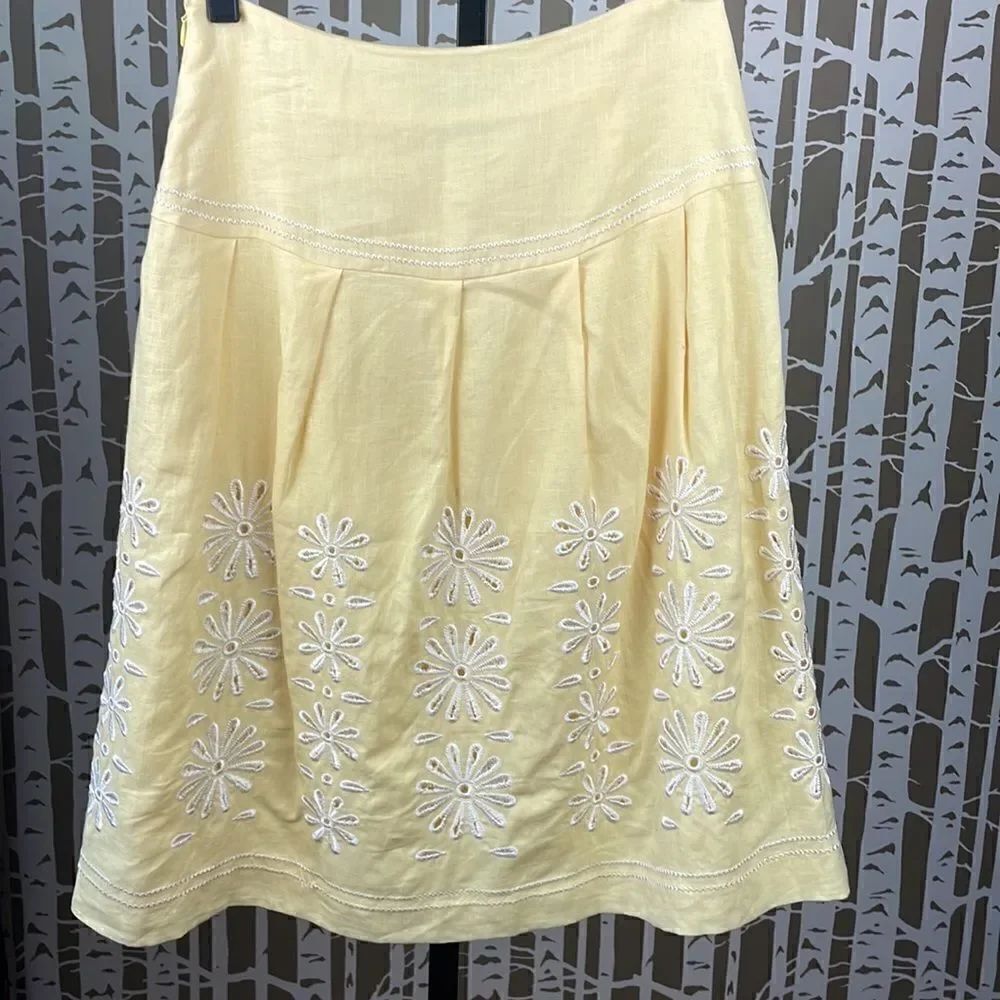 Peck & Peck Petite yellow 100% linen embroidered drop waist A-Line Midi skirt - Picture 3 of 14